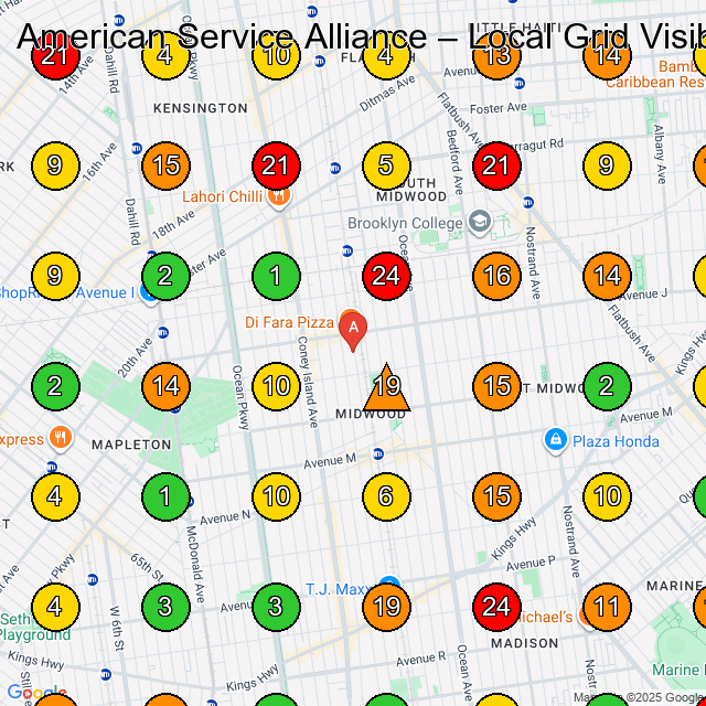 American Service Alliance Appliance Store GeoGrid ranking map for Brooklyn NY